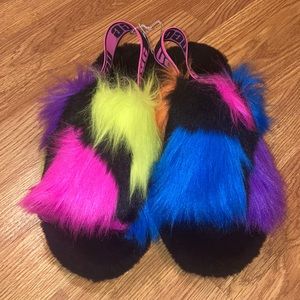 New Black Fluff UGG party spots Rainbow Sandals